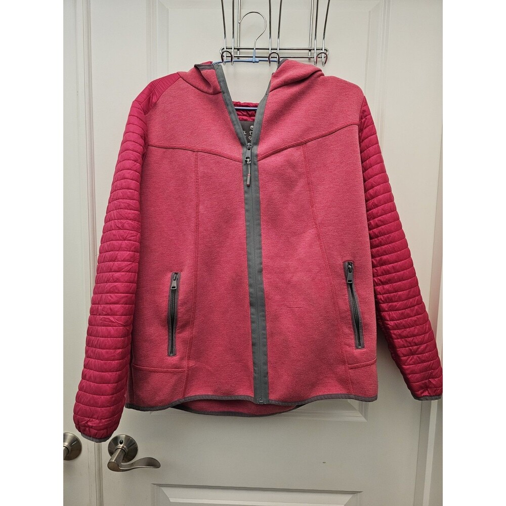 Cecil Womens XL Hooded Hybrid Jacket Pink Grey Quilted Puffer Fleece Full Zip